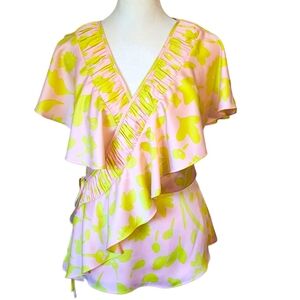 Kate Spade Splash Ruffle Wrap Blouse Pink Yellow Floral Top Size 2